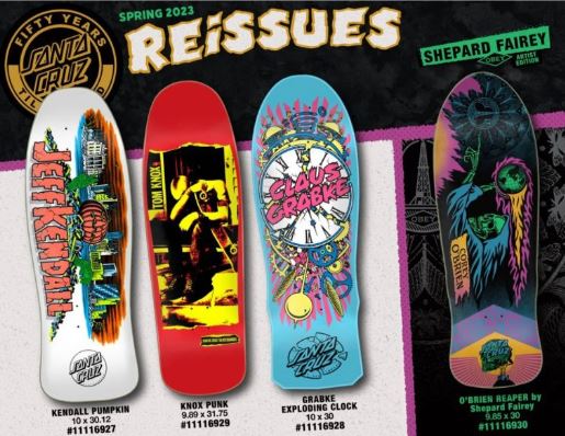 New Santa Cruz Spring 2023 Reissues (feat. Kendall Pumpkin, Knox Punk, Grabke Exploding clock and O'brien Shepard Fairey) - SkateTillDeath.com